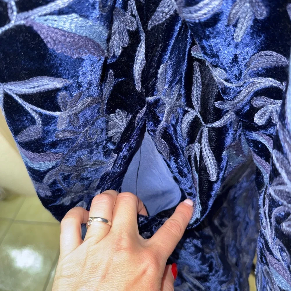 Soft Surroundings Navy Blue Velvet Embroidered Trench Coat - Picture 13 of 16